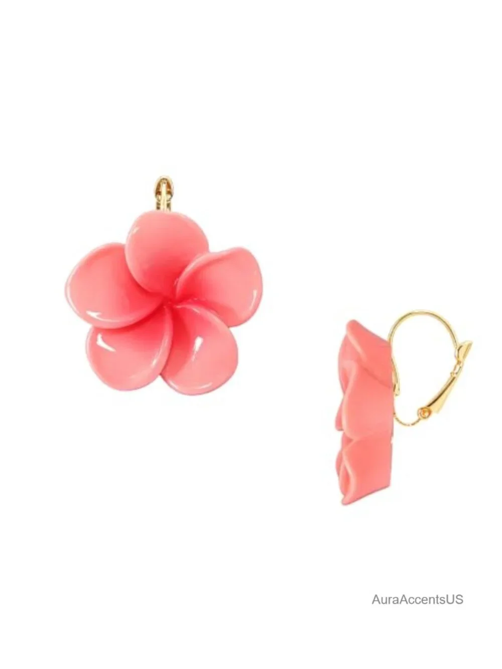 Gold Plated Resin Plumeria Leverback Flower Earrings Tropical Floral Statement
